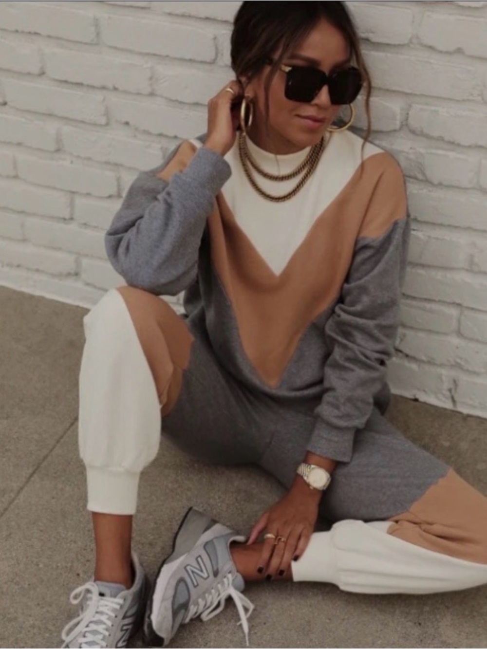 Women's Chevron Colorblock Crewneck Sweater — Gray, Tan & Cream